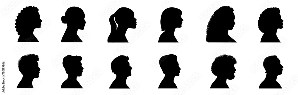 Head silhouettes. Female and male faces portraits, head silhouette vector illustration