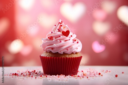 Sweet food. A Valentine's day cupcake with heart-shaped decorations on a bokeh background. 