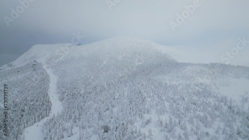 Aerial view forest of snow monster (snow cover trees known as Juhyo in Japanese) and ski slope in Zao Hot Spring Ski Resort at mountain Zao during winter, Yamagata, Japan
