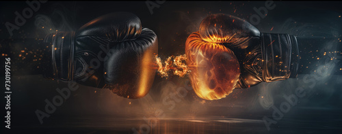 Black and red boxing gloves are poised in a tense face-off, with sparks flying and smoke swirling around them, highlighting the drama of the impending bout. photo