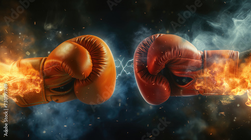 Two powerful boxing gloves clash with electric energy and flames, depicting a high-stakes fight where every hit is charged with intensity.