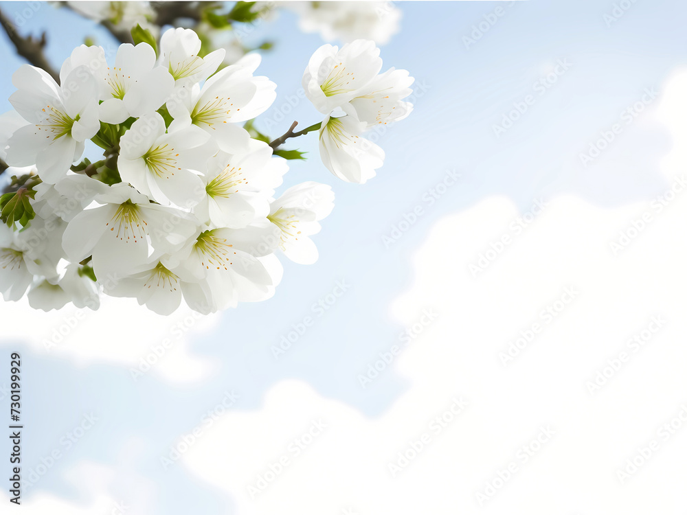 Cherry Blooms Creating a Serene Contrast Against a White-Blue Cloud Background. Cherry Blooms Creating a Serene Contrast Against a White-Blue Cloud Background.