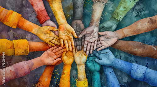 concept of Belonging Inclusion Diversity Equity DEIB, group of multicolor vibrant hands of different people, showing love bond between different skin colored people photo