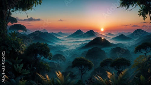sunset view from the top of a mountain  foggy  fog hills  sky  a frame made of trees and jungle. with copy space  for banner  wallpaper  poster  flyer  advertising  interior