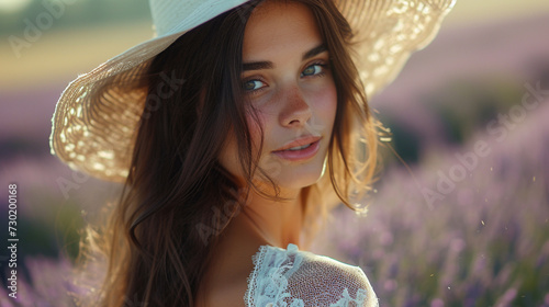 A gorgeous brunette with a flawless complexion, wearing a white lace dress and a sun hat, standing in a lavender field and looking at the camera with a gentle smile. 