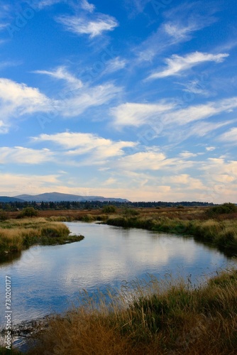 Wood River Wetland with blue sky  reflection in water and mountains in background  Chiloquin  Oregon