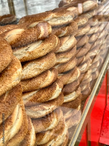 Stacks of Turkish simit, sesame bread rings, Istanbul, Turkey