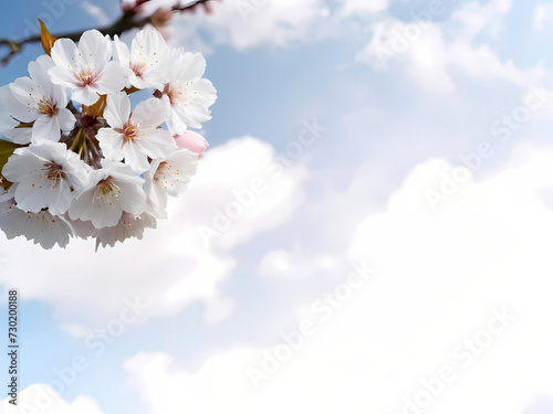 Cherry Blooms Creating a Serene Contrast Against a White-Blue Cloud Background. © Md
