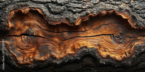 Abstract design of old, weathered tree bark with a textured, burnt surface, showcasing natural patterns and destruction.