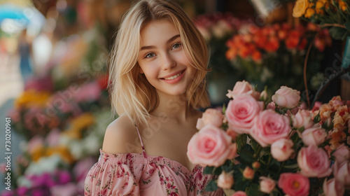 A lovely blonde with a cute bob cut, wearing a pink dress and a pair of heels, standing in front of a flower shop and holding a bouquet of roses, looking at the camera with a cheerful grin. 