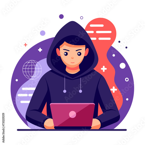 Hacker in Action An illustration of a person in a dark hoodie typing on a keyboard with a digital landscape and lines of code projected behind