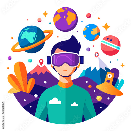 Virtual Reality Gaming A person with a VR headset immersed in a virtual landscape with a diverse range of gaming characters surrounding them.
