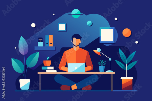 A figure sitting at a desk surrounded by an array of gadgets and screens symbolizing the fastpaced nature of social media and content creation. photo