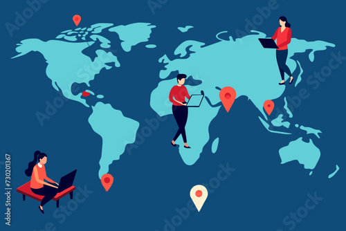 A map with different locations marked with laptops representing the trend of people working from diverse locations as remote workers and digital