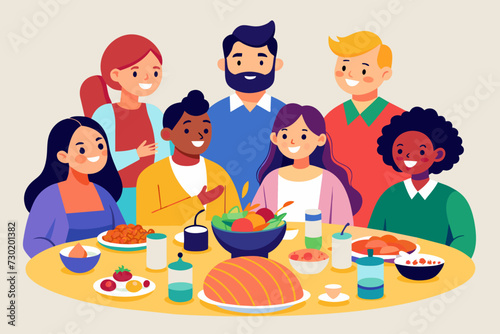 A family sitting around a table enjoying a multicultural feast with dishes from different countries representing the diverse holiday traditions