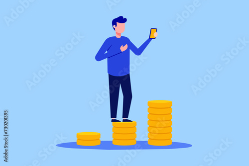 An individual standing atop a pile of coins and holding a smartphone depicting the convenience and accessibility of online banking and financial