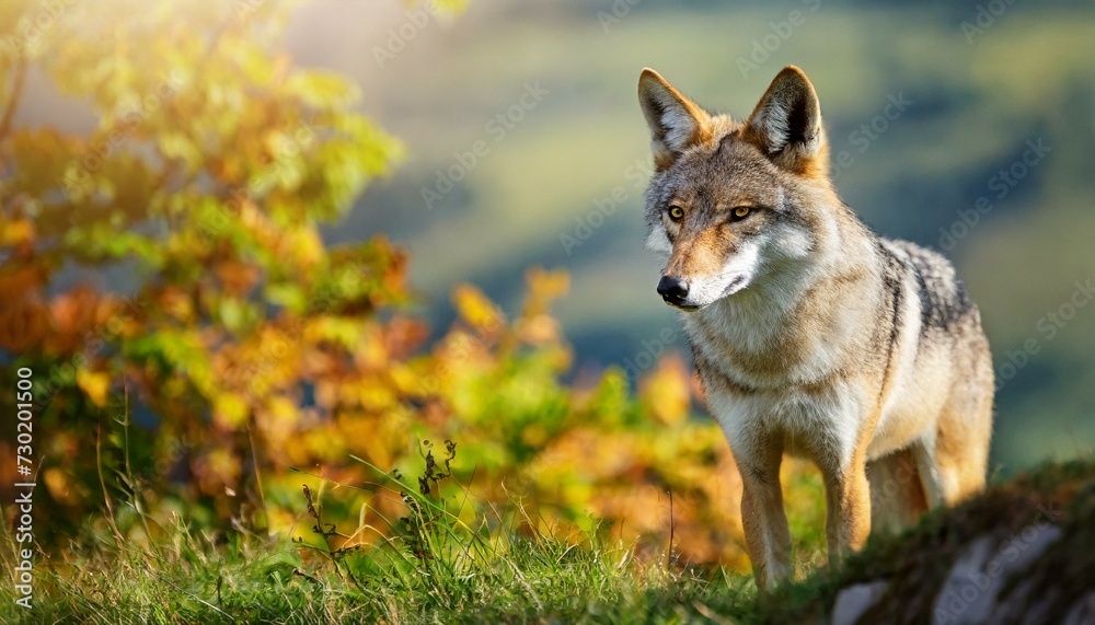 A beautiful coyote in the forest, dog like animal, sunny weather