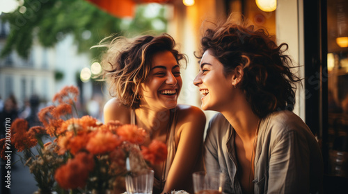 Twin sisters laughing at a cafe outdoors 