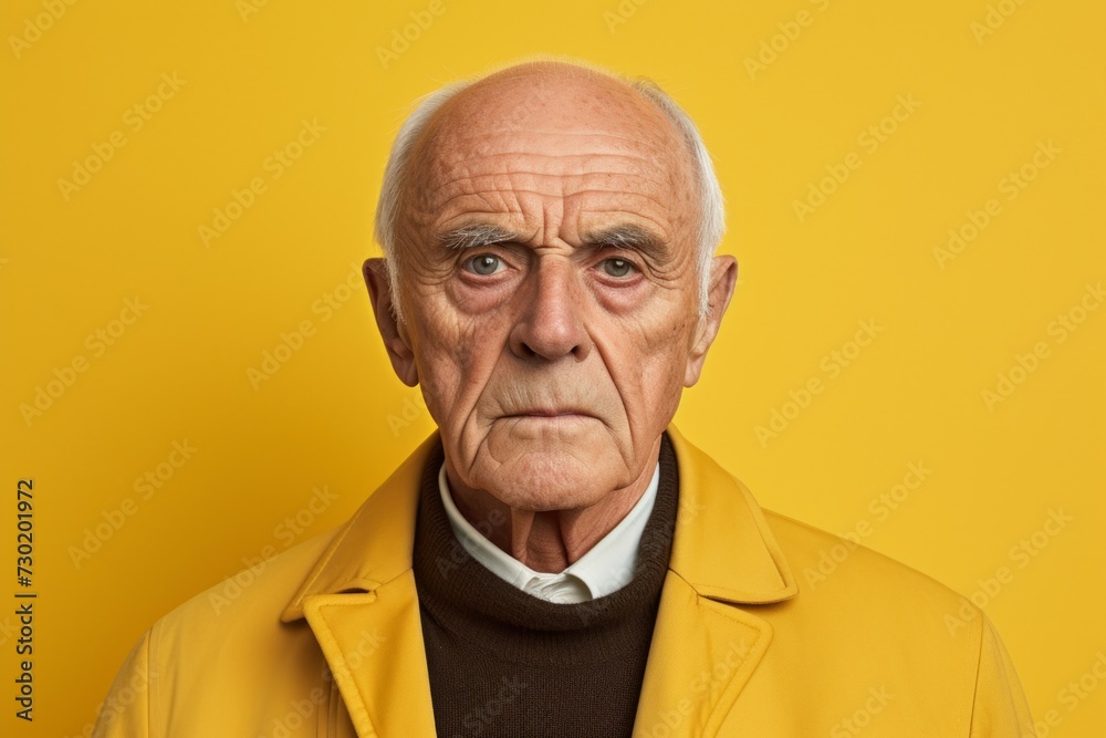 Portrait of an elderly man looking at the camera over yellow background Portrait of an elderly man looking at the camera over yellow background