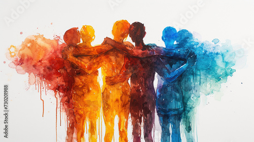 concept of Belonging Inclusion Diversity Equity DEIB, group of multicolor people hugging eachother , hand drawn painting style photo