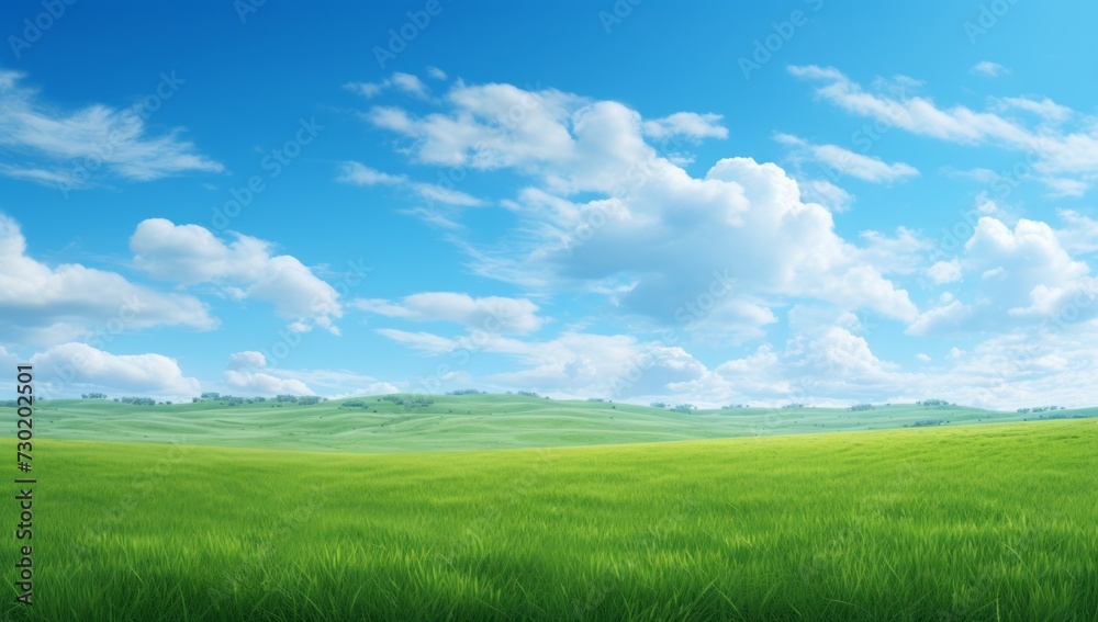 Green field on the horizon Panoramic green field landscape view. Blue mountains background and bright blue sky. Windows background, wallpaper