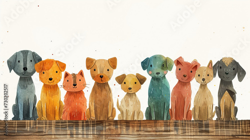concept of Belonging Inclusion Diversity Equity DEIB, group of dogs or puppy, wooden puppets on white background
