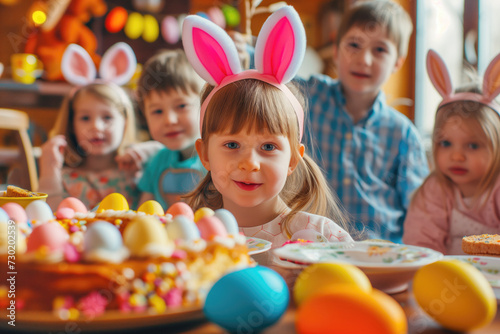 Group of children with easter eggs and bunny ears at home