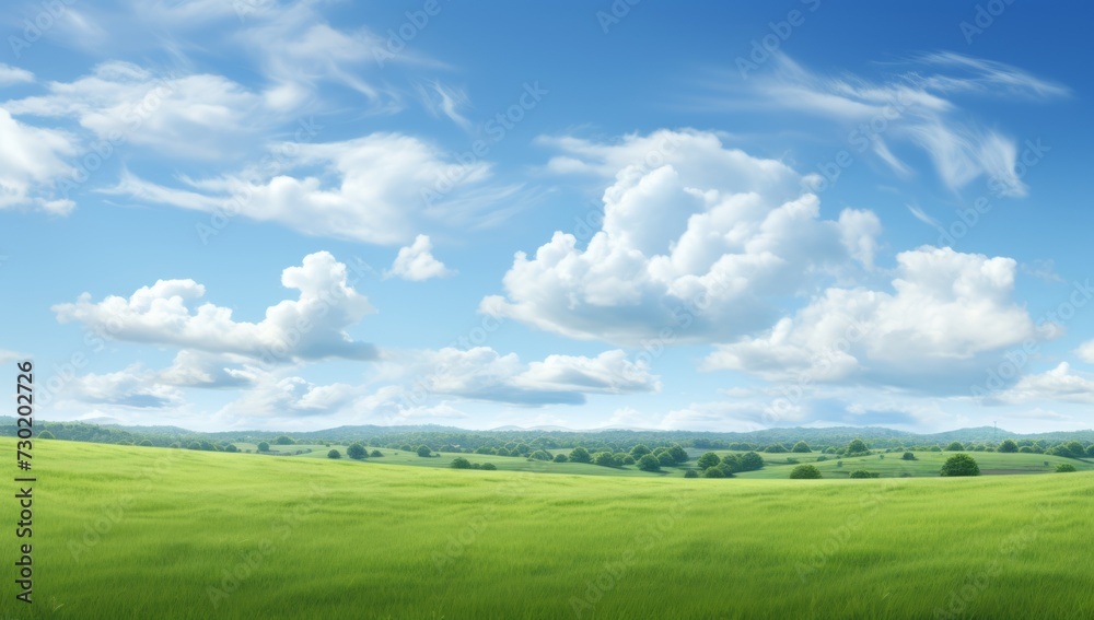 Green field on the horizon Panoramic green field landscape view. Blue mountains background and bright blue sky. Windows background, wallpaper