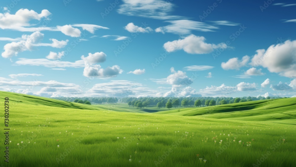 Green field on the horizon Panoramic green field landscape view. Blue mountains background and bright blue sky. Windows background, wallpaper Green field on the horizon Panoramic green field landscape view. Blue mountains background and bright blue sky. Windows background, wallpaper