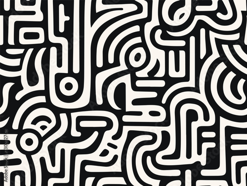 Perfectly seamless pattern, vector repeated abstract african texture. Tribal shapes background, black and white monochrome wallpaper