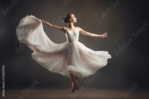 A young graceful ballerina dressed in a weightless fluffy dress demonstrates her dancing skills. Dark background, smoke. Classical ballet dance