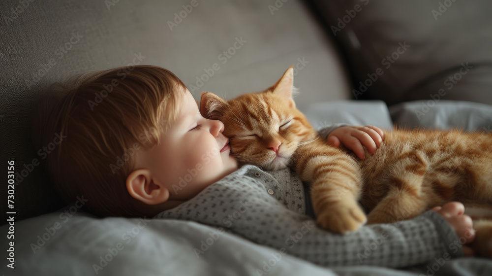 Sweet Slumber: Baby and Cat Cuddle on Sofa. Generative AI Sweet Slumber: Baby and Cat Cuddle on Sofa. Generative AI