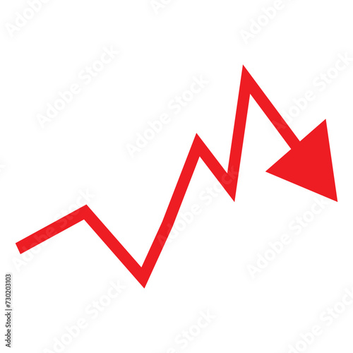 Red arrow going down stock icon on white background. Bankruptcy, financial market crash icon for your web site design, logo, app, UI. graph chart downtrend symbol.chart going down sign, eps10