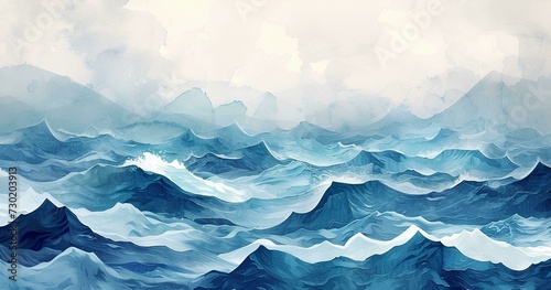 Abstract background with blue and white watercolor mountain, sea, ocean wave © Aleena