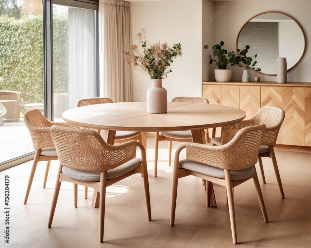 Beige chairs at big round dining table. Minimalist japandi home interior design of modern dining room