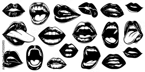 Lips kiss, girl lipstick vector illustration. Mouth expressions in style of hand drawn black doodle on white background. Smile emotions silhouette grunge sketch