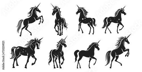 Unicorns vector illustration. Fairytale creature in style of hand drawn black doodle on white background. Unicorn silhouette