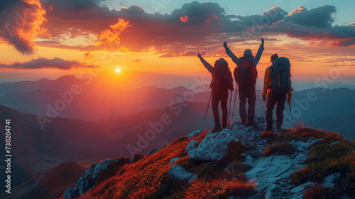 A group of hikers with backpacks raise their arms in triumph on a mountain summit as the sunset paints the sky with warm hues. Friendship successful target achievement unity concept.