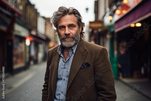 Portrait of a handsome middle-aged man with gray hair and beard wearing a jacket on a street in London. © Iigo