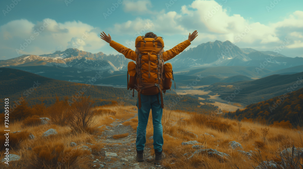 Traveller against the background of a waterfall, mountains with a backpack raises his hands in the air