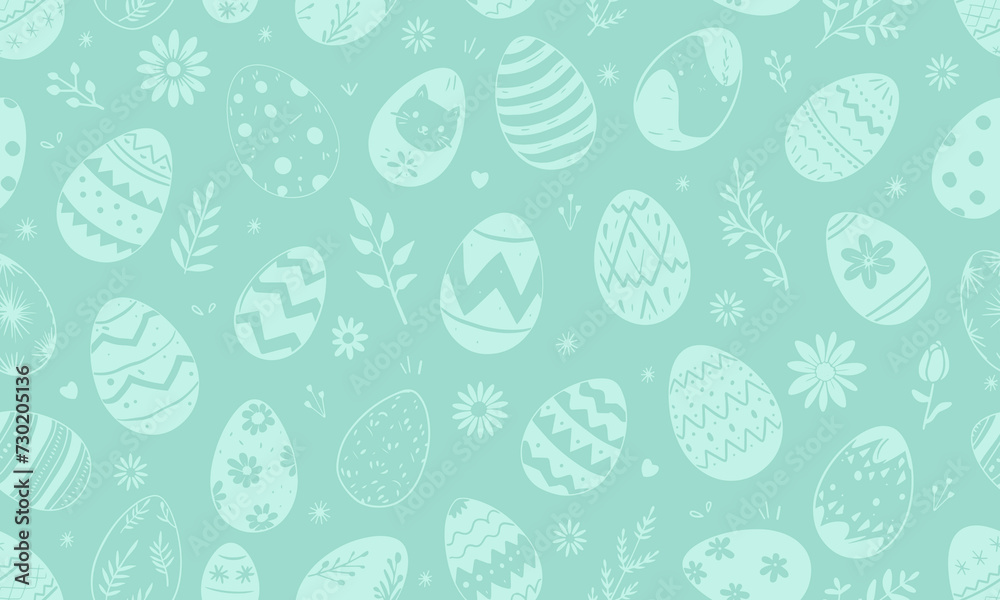 Easter eggs vector seamless pattern illustration. Painted chicken egg for spring holiday celebration in style of hand drawn doodle, blue background. Repeated wallpaper