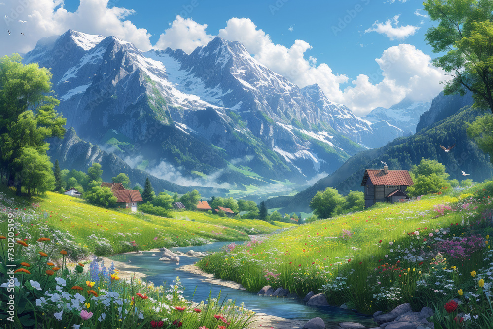 Idyllic countryside summer panorama, blending vibrant meadows, charming villages, and majestic mountains in a picturesque landscape.