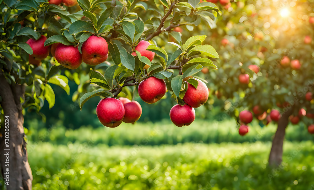 Ripe apple tree in foreground, soft-focus garden