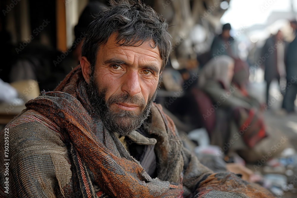 Afghan refugee with old clothes and a tired face.
