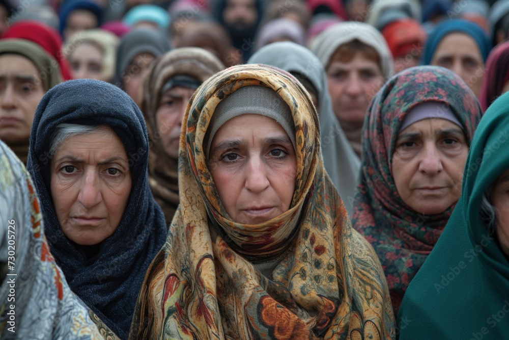 A group of islamic women gathered and standing in close proximity to one another. A group of islamic women gathered and standing in close proximity to one another.