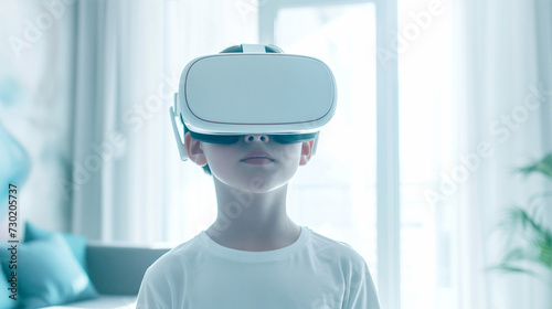 front view of a boy Experiencing Virtual Reality Headset in Bright Contemporary Home Environment