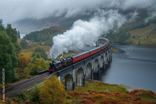 Jacobite Express steam train crossing the Glenfinnan Viaduct on a cloudy day with Loch Shiel in the background