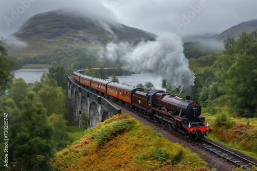 Jacobite Express, A train is seen traveling over a bridge on a cloudy day, with its engines and carriages visible, creating a dynamic scene.