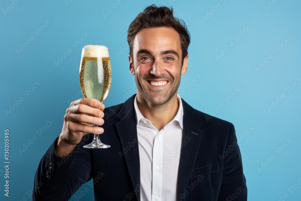 Cheerful man with a glass of champagne on a blue background Cheerful man with a glass of champagne on a blue background