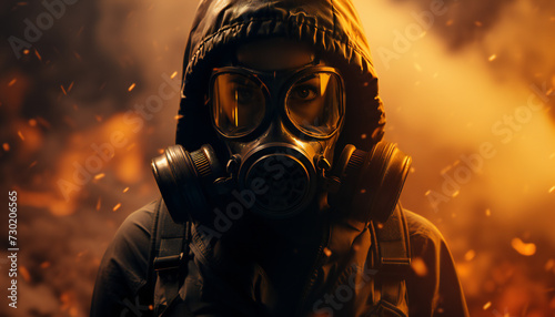 Recreation of a woman with a survival gas masks and hood in a hostile environment 